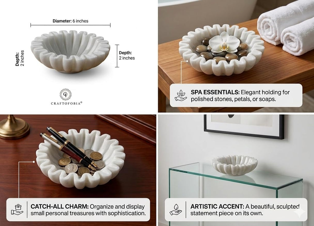 HandCrafted Marble Bowl/Antique Scallop Bowls/Fruit Bowl/Vintage Ring Dish/Decorative Ruffle Flower gift/HouseWarming
