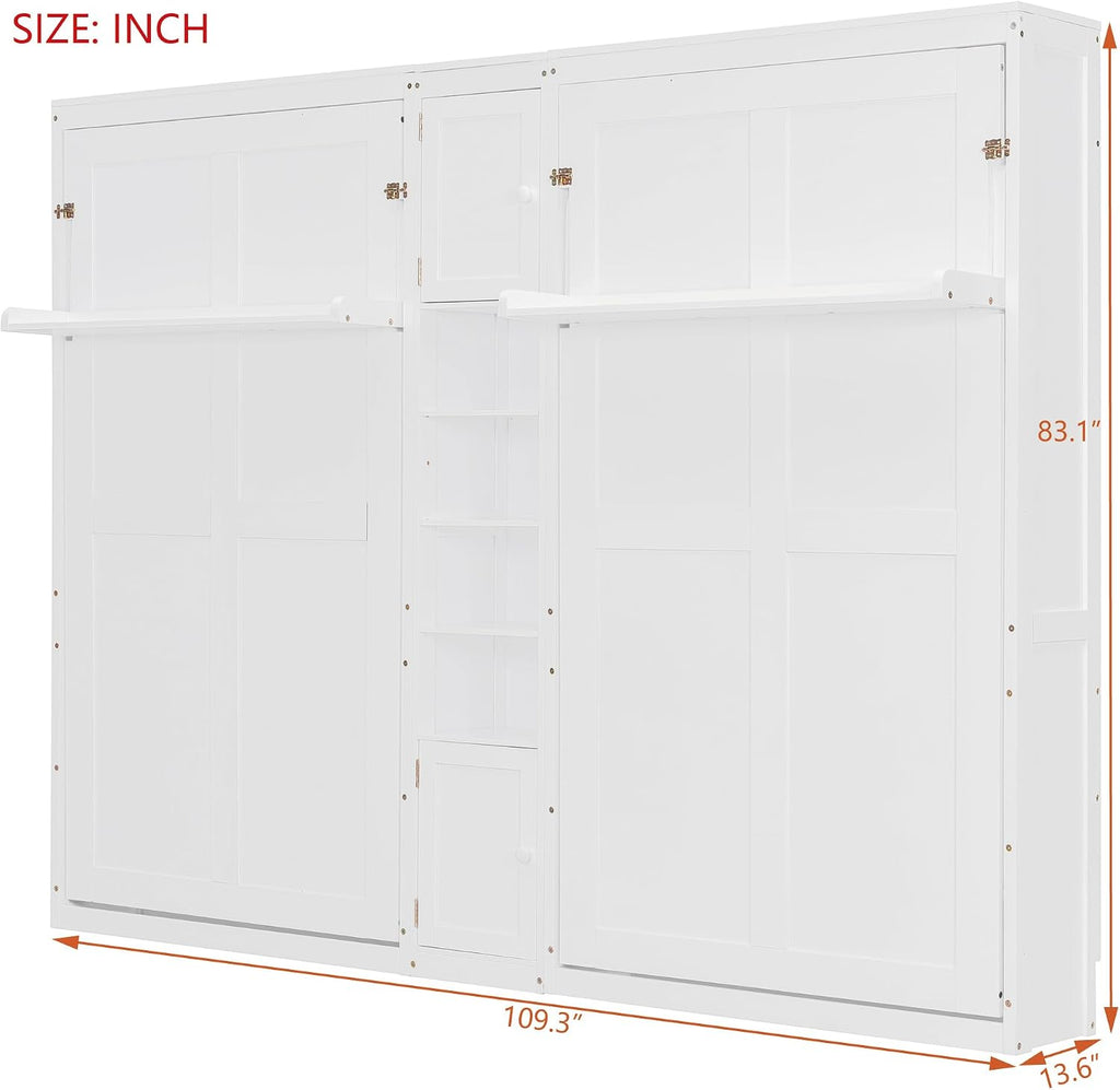 Dual Twin Murphy Bed with Cabinets and Shelves, Space Saving Wall Bed with Storage, Foldable Twin Beds with Convertible Shelf Legs for Guest Room, Small Space, White
