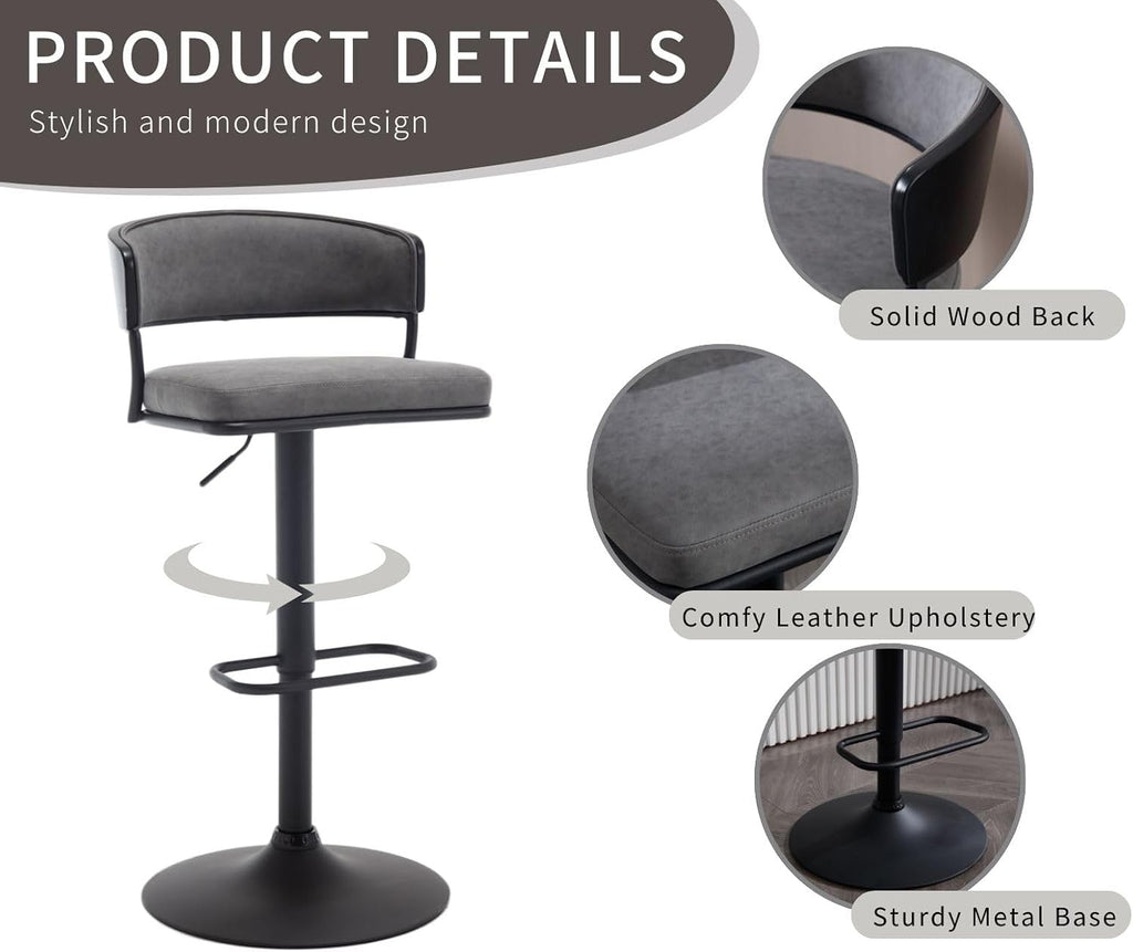 Adjustable Modern Bar Stools Set of 4 Faux Leather Barstools Swivel Counter Height Bar stools with Curved Back/Black