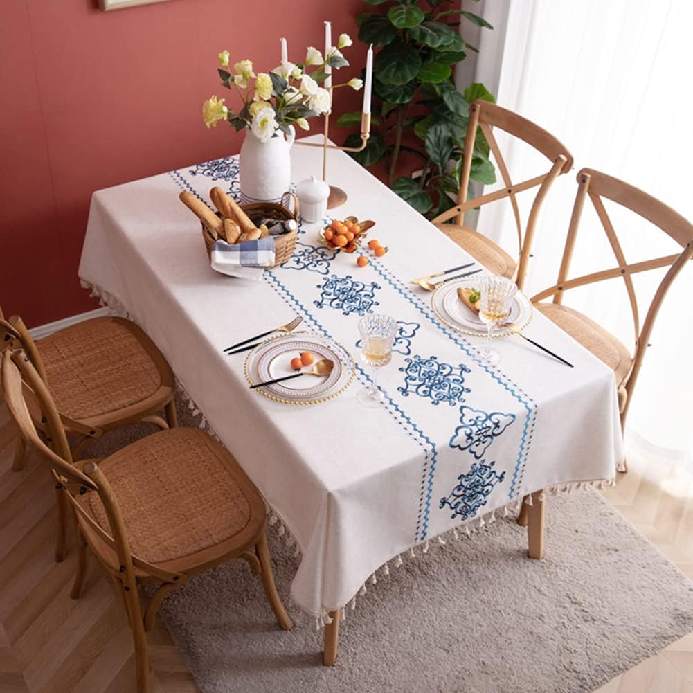 Table Cloth Embroidery Damask Pattern Wrinkle Free Heavy Weight Cotton Linen Farmhouse Tablecloth De