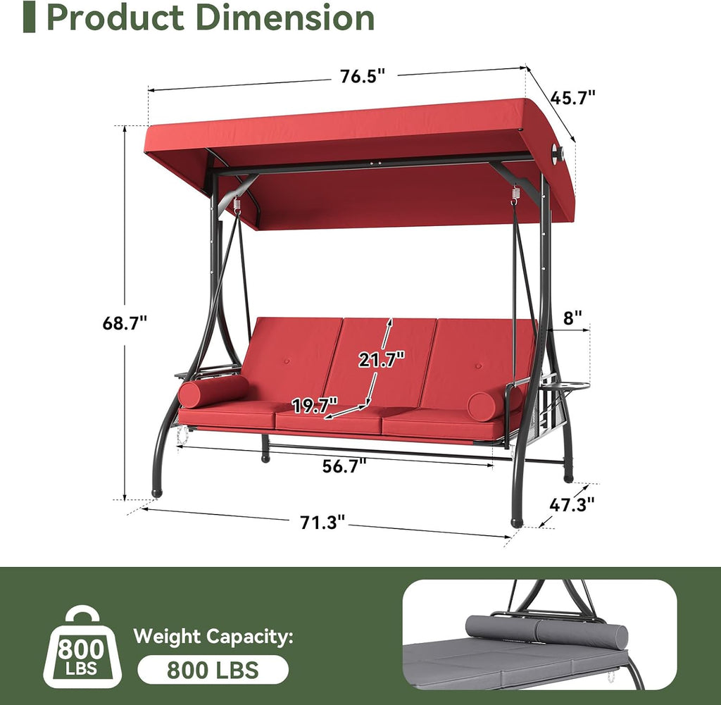 Outdoor Porch Swing with Stand and Canopy, 3 Seats Outdoor Swings for Adults, Convertible 2 in 1 Swing Bed with Cup