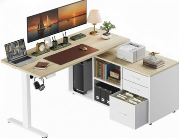 L-Shaped Executive Standing Desk with File Cabinet, 55" x 24" Electric Height Adjustable Stand up Desk, One-Whole