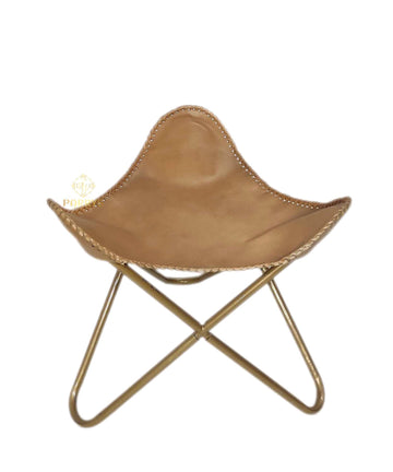 Brown Leather Living Room Decorative Stool - Handmade Genuine Leather Ottoman Stool - Golden Powder Coated Frame