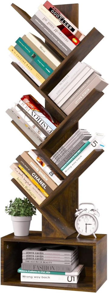 Tree Bookshelf - 6 Shelf Retro Floor Standing Bookcase, Tall Wood Book Storage Rack for CDs/Movies/Books