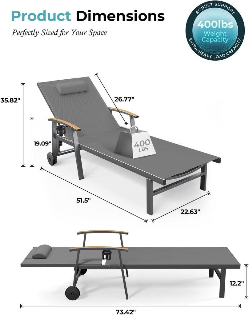 Outdoor Lounge Chair with Pillow, 5-Position Aluminum Chaise Lounge with Wheels & Armrests, 400 lbs Heavy Duty Patio