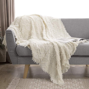 100% Cotton Throw Blanket, Boho Textured Geometric Knit Woven Blanket with Tassels Soft, Lightweight Breathable