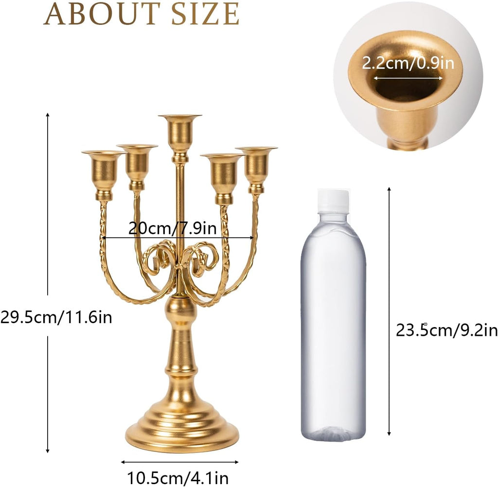2Pcs Gold Candelabras Centerpieces for Tables, 11.8" Candlestick Holder for Taper Candles, 5 Arm Brass Candelabra