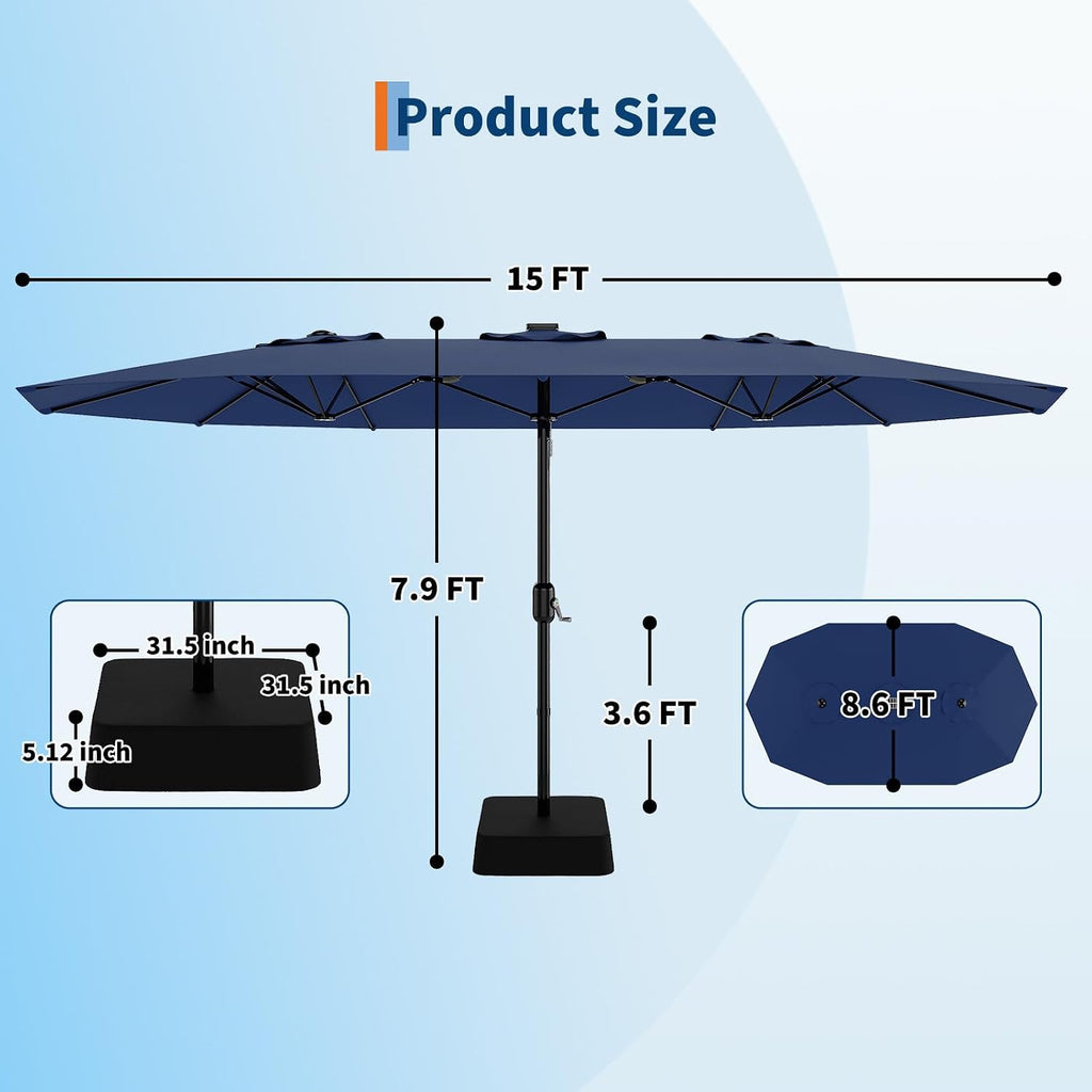 15 ft Rectangular Patio Umbrella with Base Included - Large Patio Umbrella with Crank Handle, UV Protection Pool
