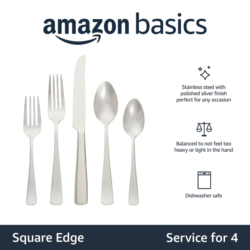 20-Piece Stainless Steel Flatware Set with Square Edge, Dishwasher Safe, Simple Design, Service for 4, Silver