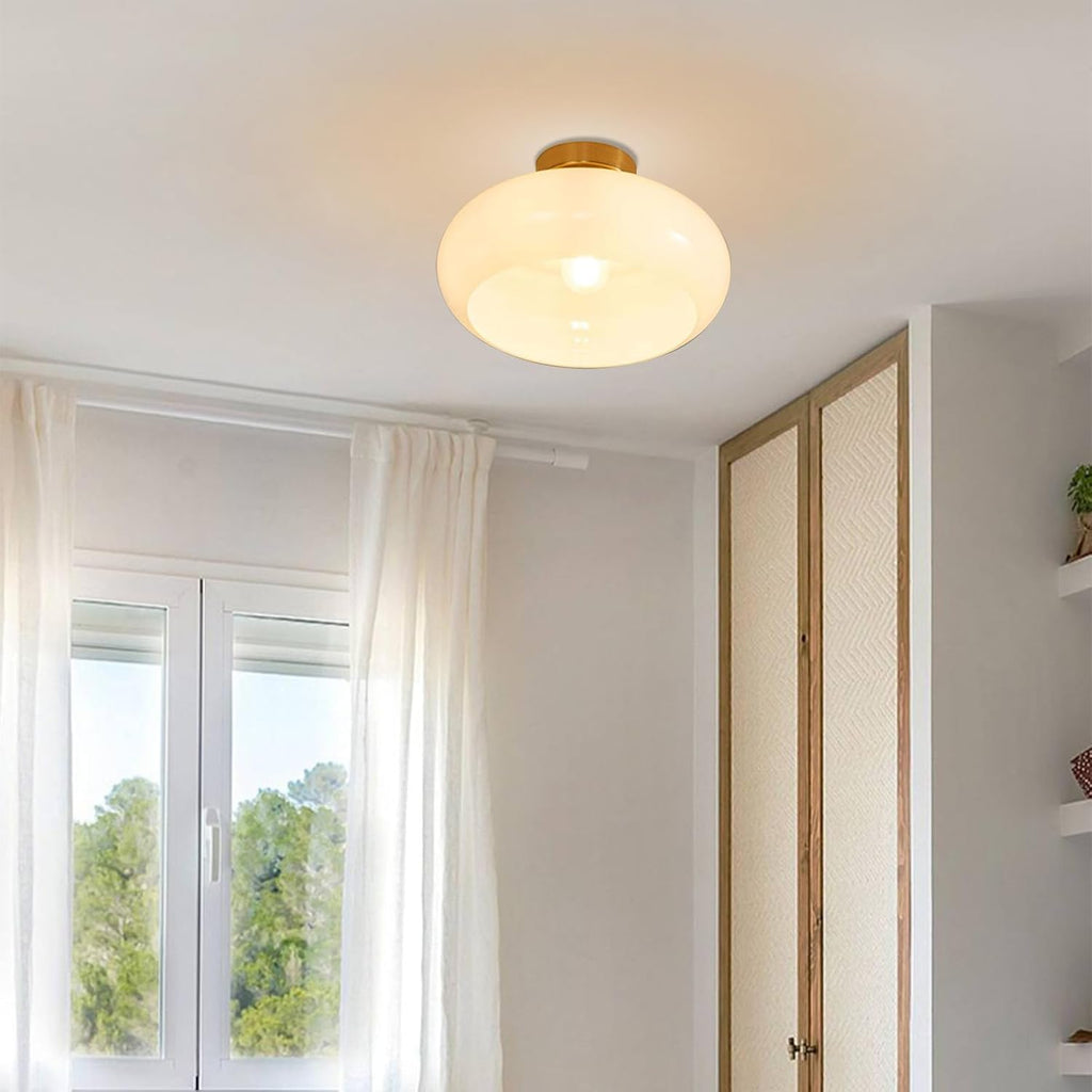 Mid Century Modern Ceiling Light - MCM Milk Glass Flush Mount with 11" White Dome Shade - Gold Brass Ceiling Lamp