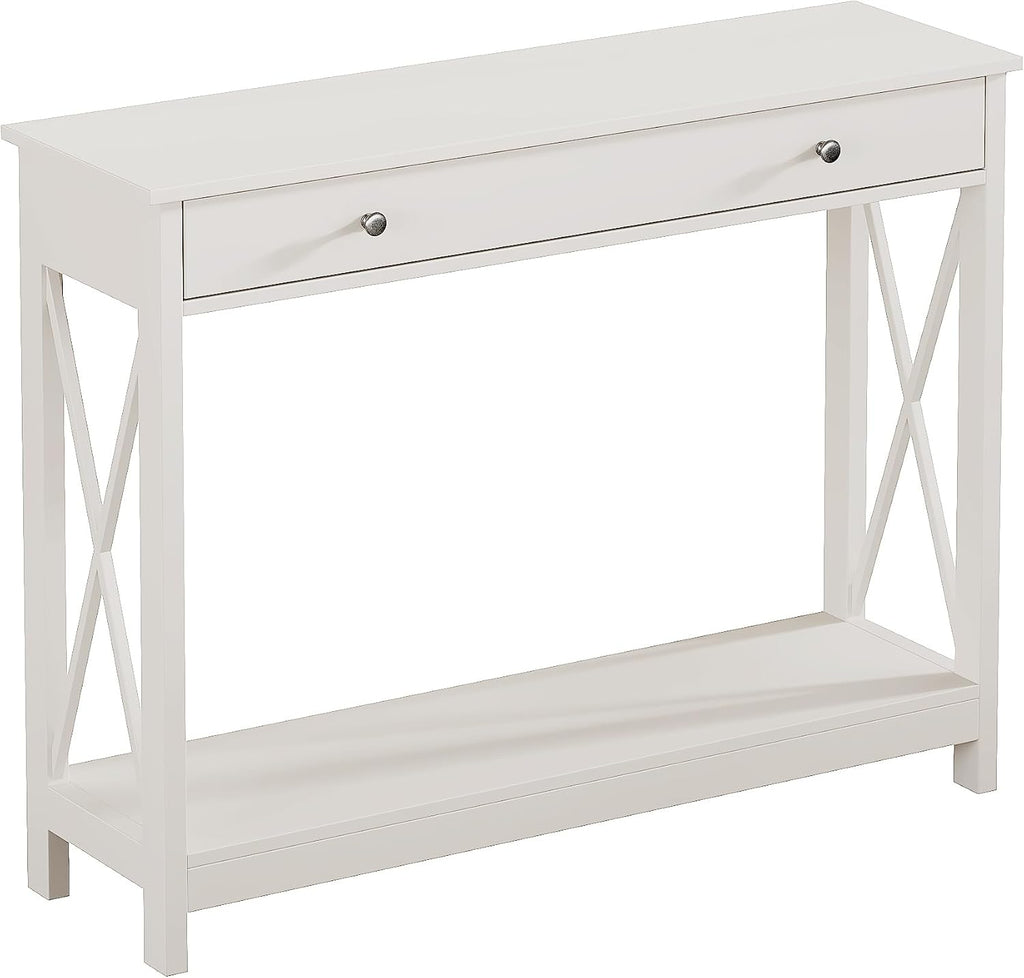 White Console Table with Drawer and Storage Shelves, Foyer Sofa Table Narrow