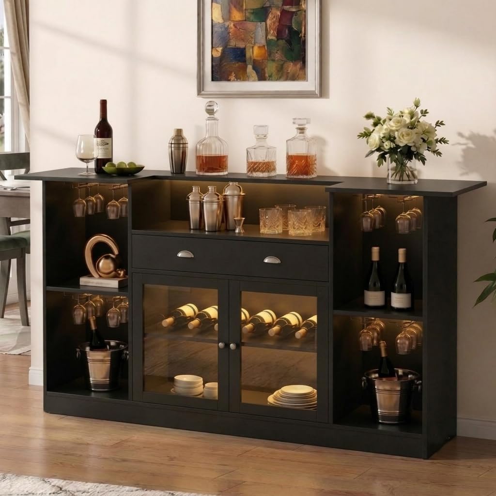 63" Coffee Bar Cabinet with Storage, Black Wine Cabinet with LED Lights | Bar Table with Storage Drawer & Glass