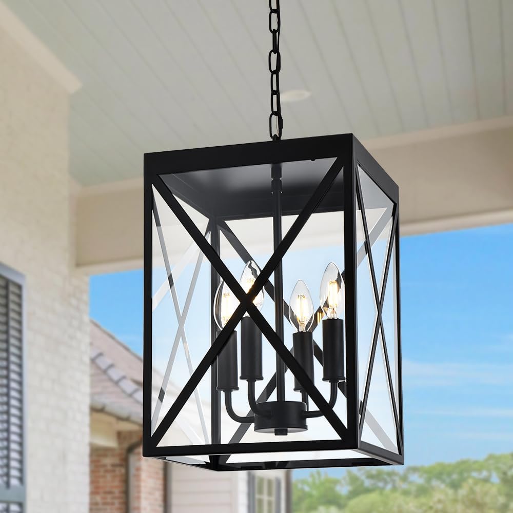 Black Outdoor Pendant Light 4 Lights Outside Pendant Hanging Light Fixture Ceiling Mount with Clear Glass Industrial