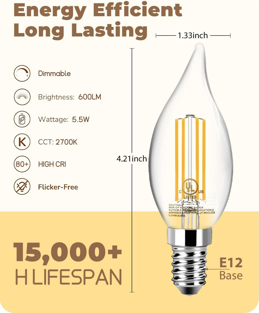 LED Candelabra Bulb Dimmable, 60W Equivalent LED Chandelier Light Bulbs, 5.5W 2700K Warm White 600LM CA11 Flame Tip