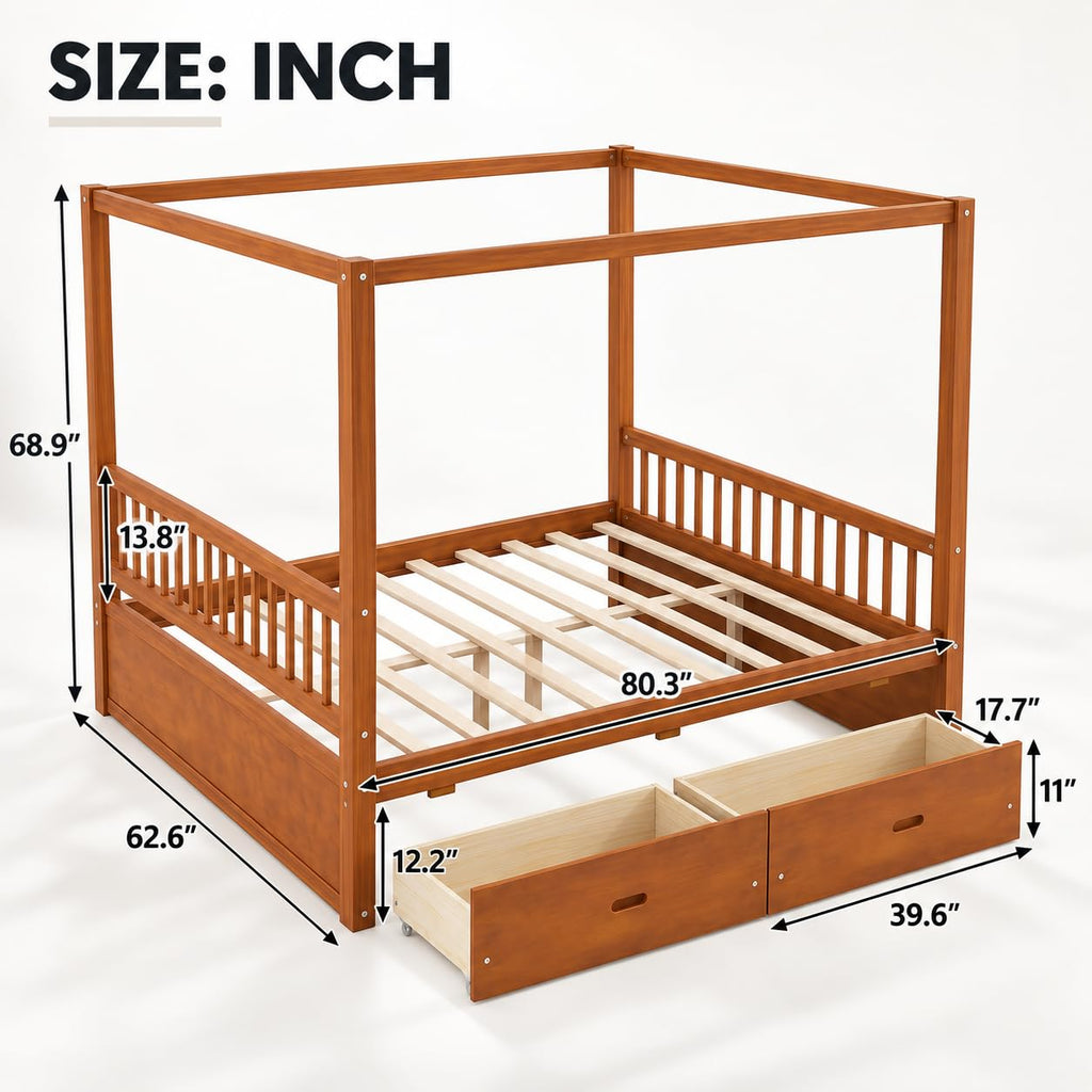 Queen Size Wood Canopy Bed Frame, Walnut Vintage Four-Posters Frames