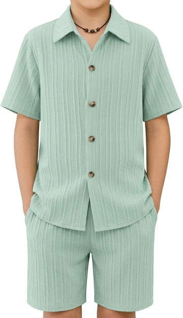 Boys Summer Textured Button Up Shirt & Shorts Set