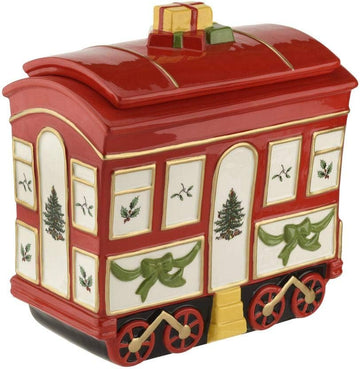 Christmas Tree Cookie Jar with Lid, 8.5" Ceramic Holiday Train Car Dish for Cookies, Candy, Nuts - Festive Christmas