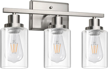 Bathroom Vanity Light Fixtures, 3 Light Wall Sconces Lighting with Clear Glass Shade, Brushed Nickel Wall Lights for