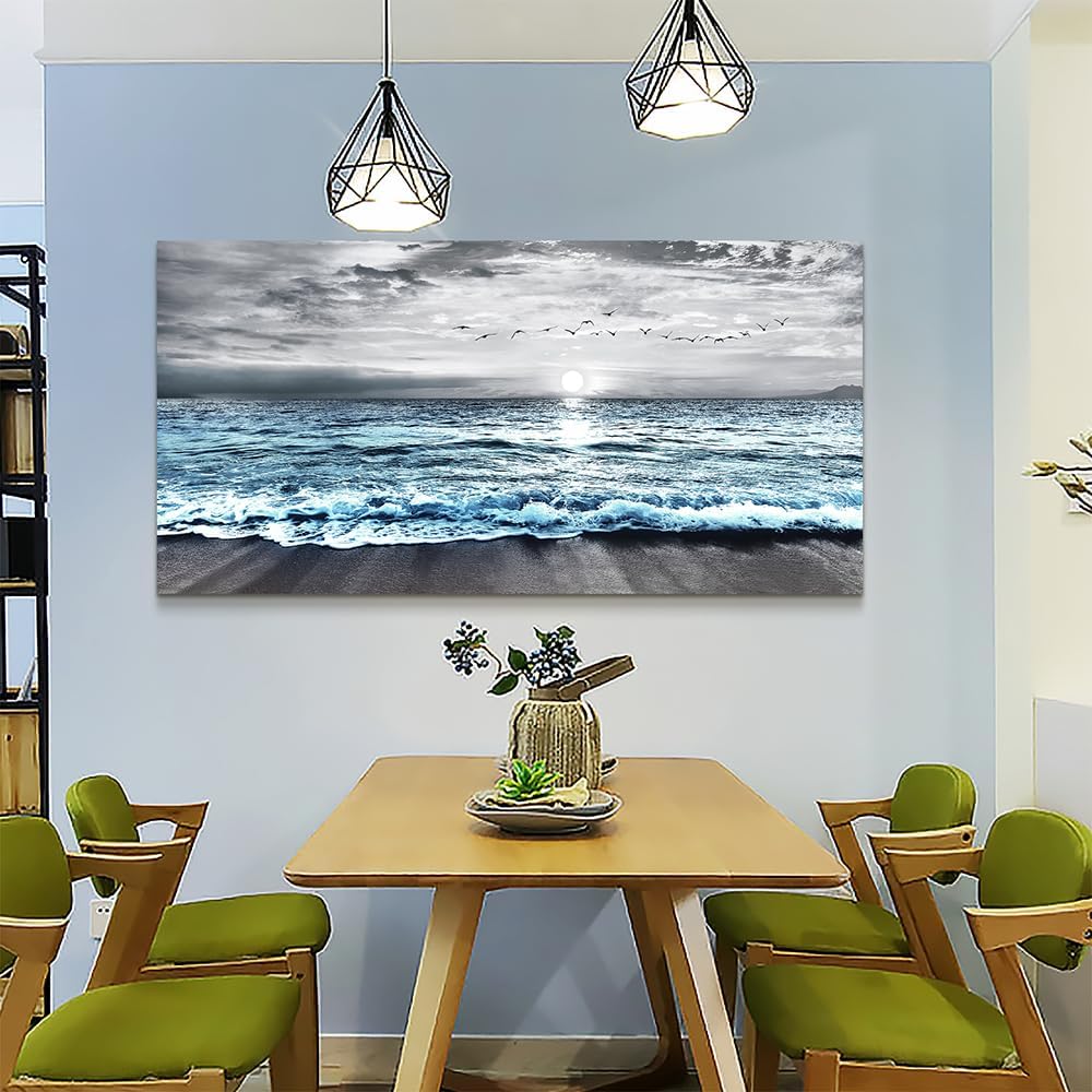 Large Canvas Wall Art Decor - Black & White Blue Sea Wave Pictures - Framed Beach Posters