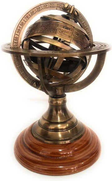 5" Nautical Brass Armillary Sphere World Globe Rosewood Base Table Decor