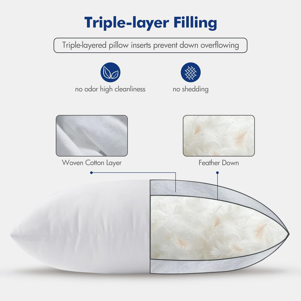 Feather Pillow Insert 22x22, Throw Pillow with Cotton Cover