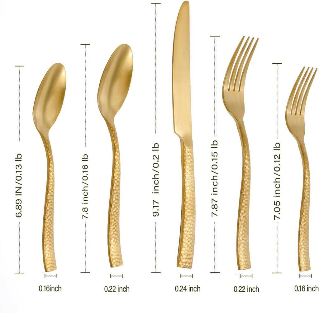 Gold Silverware Set Flatware Set Matte Finished Stainless Steel Hammered Heavy Cutlery Set 20 Pieces Service for 4