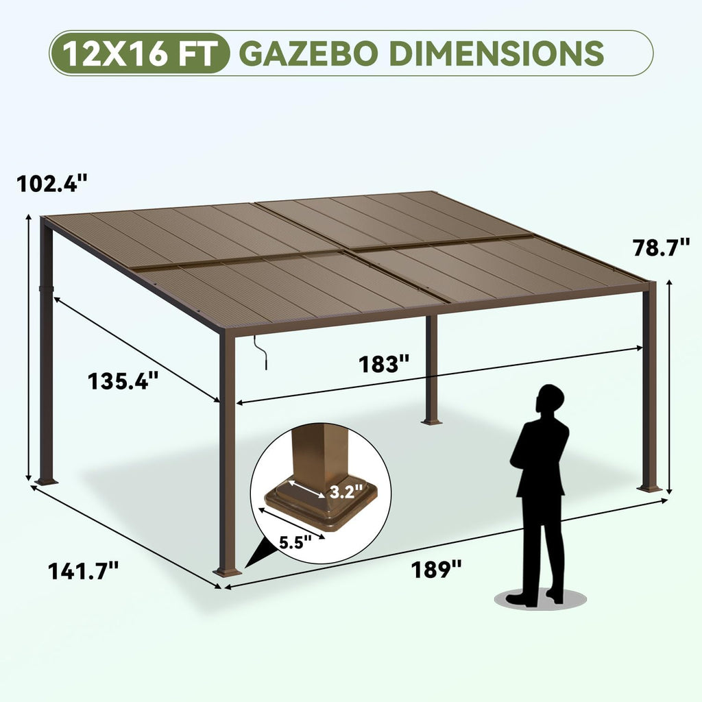12x16 with Adjustable Polycarbonate Roofs, All Aluminum Frame Permanent Pergola for Patio