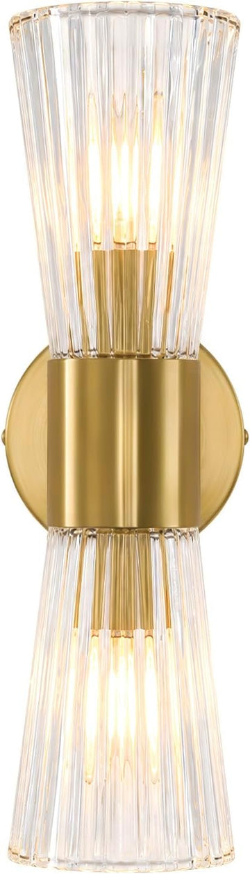Gold Glass Wall Sconce Light,Mid Century Modern Bathroom Wall Sconces | Ribbed Clear Glass Gold Wall Light,2-Light