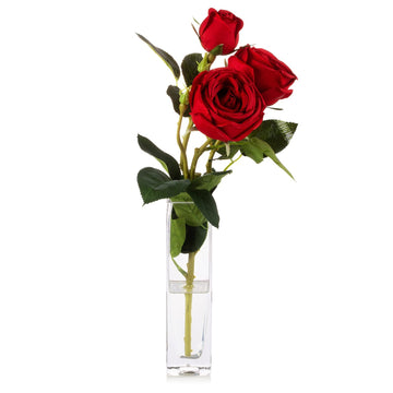 Silk Rose Artificial Flowers in Vase, Red Faux Rose Flowers Arrangement in Square Vase with Faux Water for Table