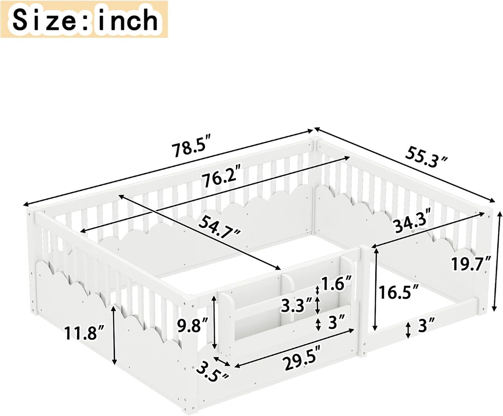 Full Floor Bed with Bookshelf and Safety Guardrail, Full Size Montessori Floor Bed with Fence, Easy Assemble