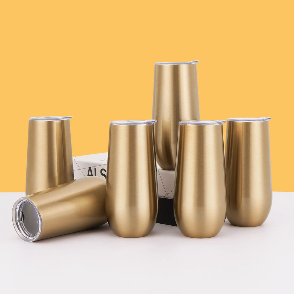 6 Pack Stemless Champagne Tumblers, 12oz Insulated Champagne Flutes with Lid, Stainless Steel Stemless Champagne