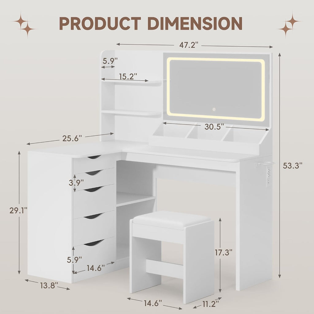 Vanity Desk with Mirror, L Shape Vanity, LED Lighted Mirror, with Fast Charging Power Outlet and 3 Storage Shelves