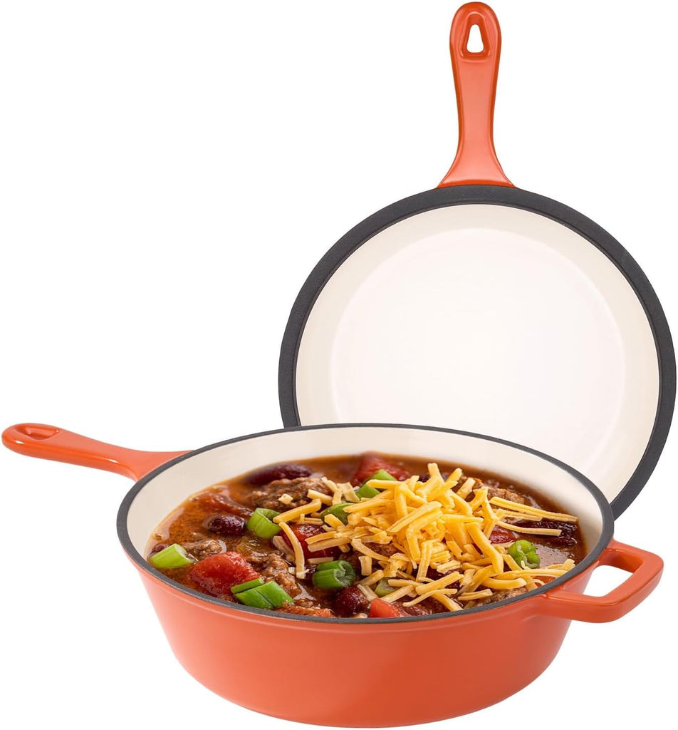 2 in 1 Dutch Oven & Skillet Combo, 3QT Enameled Cast Iron Dutch Oven Pot with 1.5QT Skillet Lid, Versatile Pots for