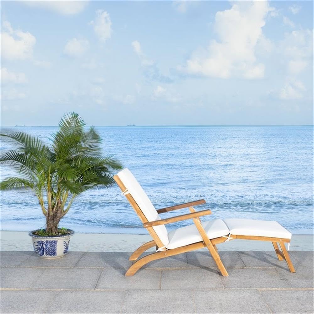 Outdoor Palmdale Chaise Lounge Chair - Brown & Beige - Solid Wood with Cushion - Deck-Chair Design - Ideal, 21.9"W