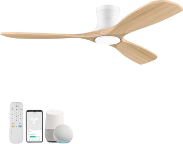 52” Wood Smart Flush Mount Ceiling Fans with Lights and Remote,Quiet DC Motor
