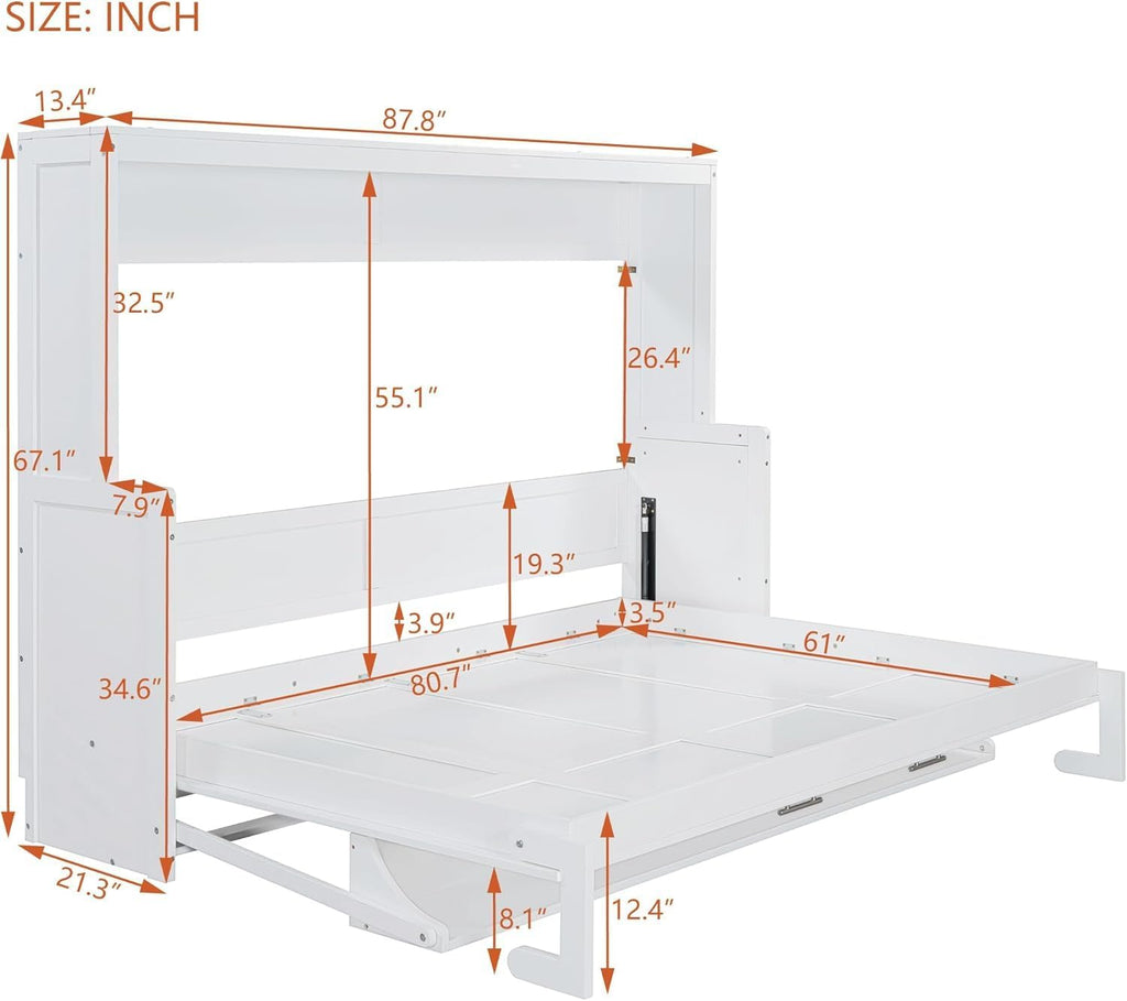 Queen Horizontal Murphy Bed with Desk,Wood Folding Hideaway Murphy Wall Bed for Adult,Guest Room,No Box Spring
