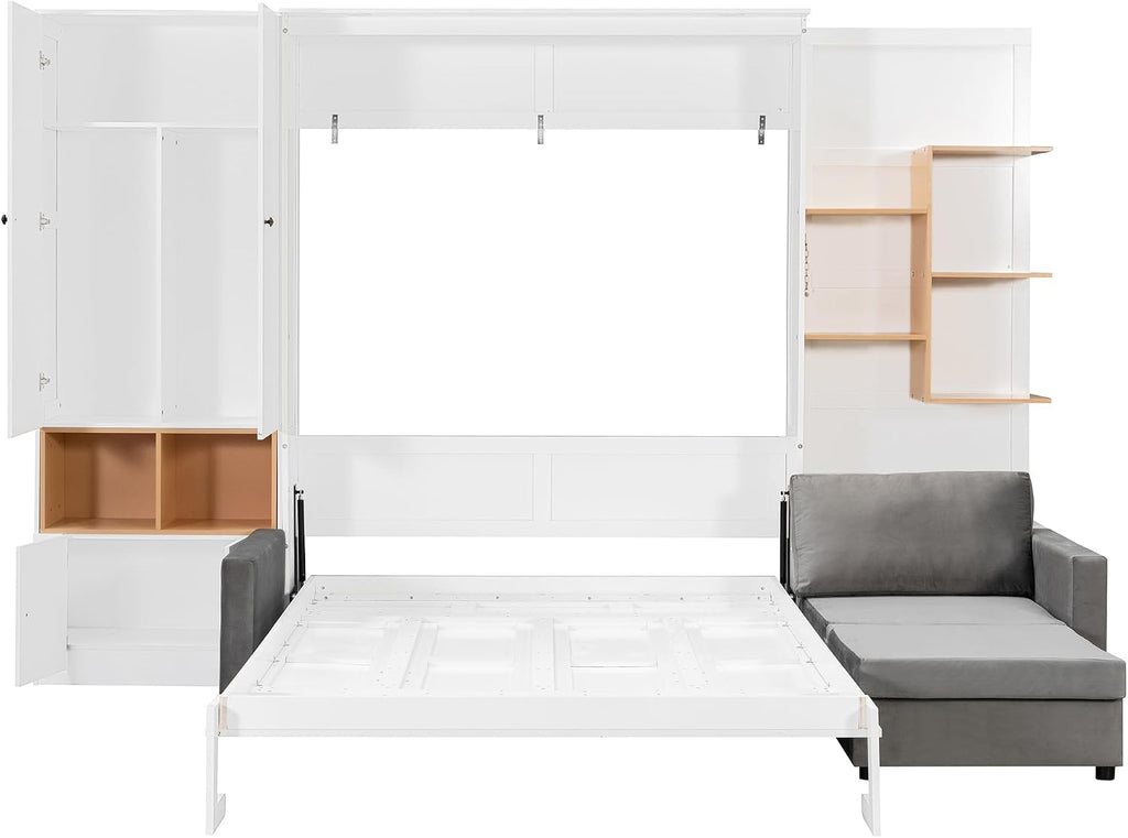 Queen Murphy Bed with Large Sofa, Storage Shelves & Cabinets, Modern Space-Saving Wall Bed with Dual Lights, White+Gray