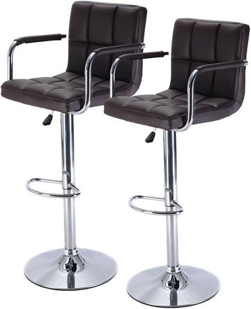 Set of 2 Bar Stool PU Leather Barstools Chair Adjustable Counter Swivel w/ Arm (Brown)
