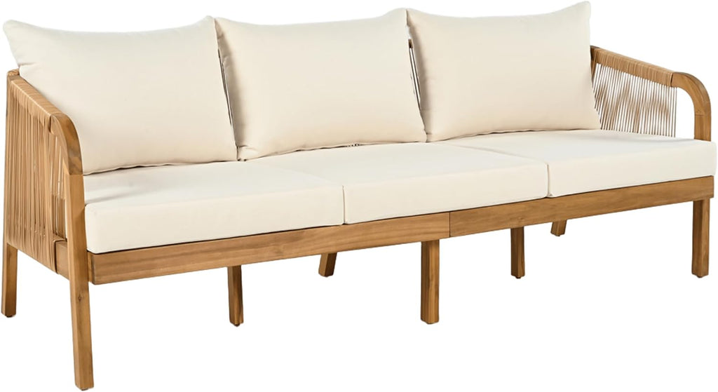 Havets 3 Pieces Acacia Wood Patio Furniture Set, Faux Rattan Sofa and Coffee Table, Outdoor Conversation Sets with 6"