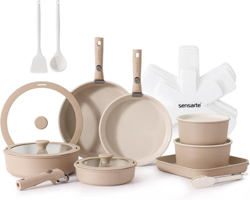 24 Piece Ceramic Detachable Handle Pots and Pans Set Almond Beige | Ceramic Cookware Set, Induction Cookware Set with