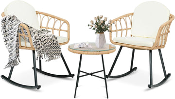 3 Pieces Rocking Chairs Set - Outdoor Wicker Rattan Rocking Chairs with Thickened Cushions, Boho Patio Furniture