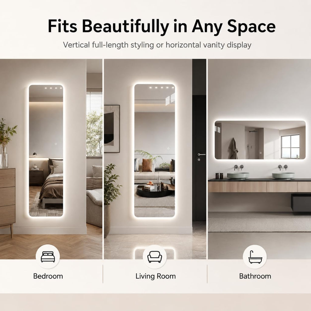 65" L x 24" W Rectangular Frameless LED Full Length Mirror with Lights, Rounded Corner Full Body Wall