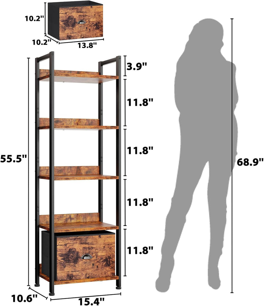 5 Tier Bookshelf with Drawer, Tall Narrow Bookcase with Shelves, Wood and Metal Bookshelves Storage Organizer