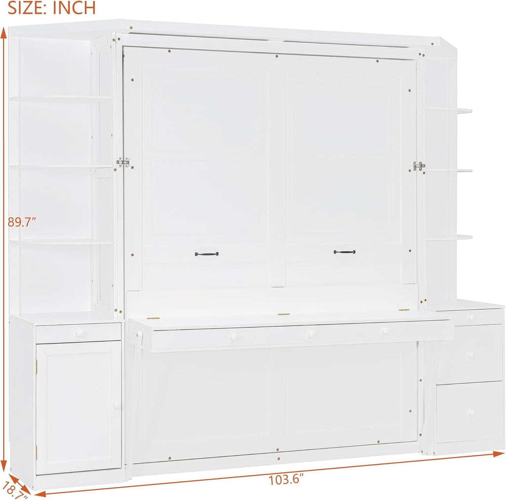 Murphy Bed with Desk, Lights, Storage Shelves and Cabinets, Hidden Wall Bed for Home Office, Space-Saving Design