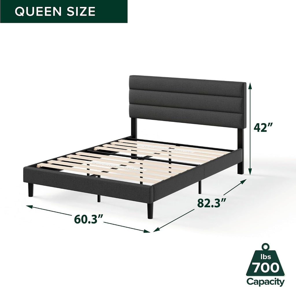 Queen Piper Upholstered Platform Bed with Horizontal Paneled Headboard, Wooden Slat Support, No Box Spring Needed