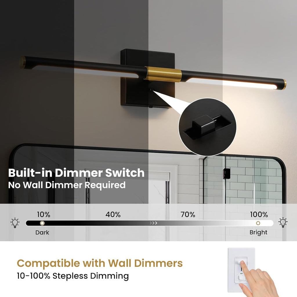 Black Gold Vanity Light , 24 inch 5CCT 360° Rotatable Bathroom Light Fixture Over Mirror Dimmable LED Vanity Lighting