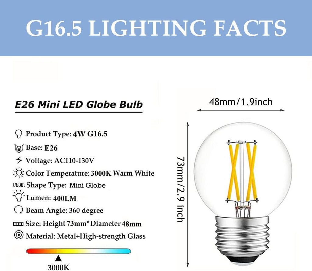 Dimmable E26 g16.5 led Mini Globe Edison Bulb LED Filament Bulb 4W 3000K Warm White 40W Equivalent for Pendant