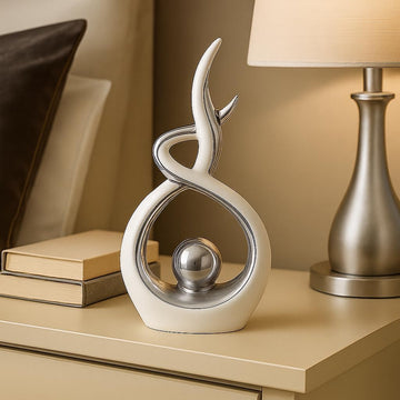 White & Silver Abstract Ceramic Ornament - Modern Decorative Sculpture , Shelf & Coffee Table Decor - Minimalist Home