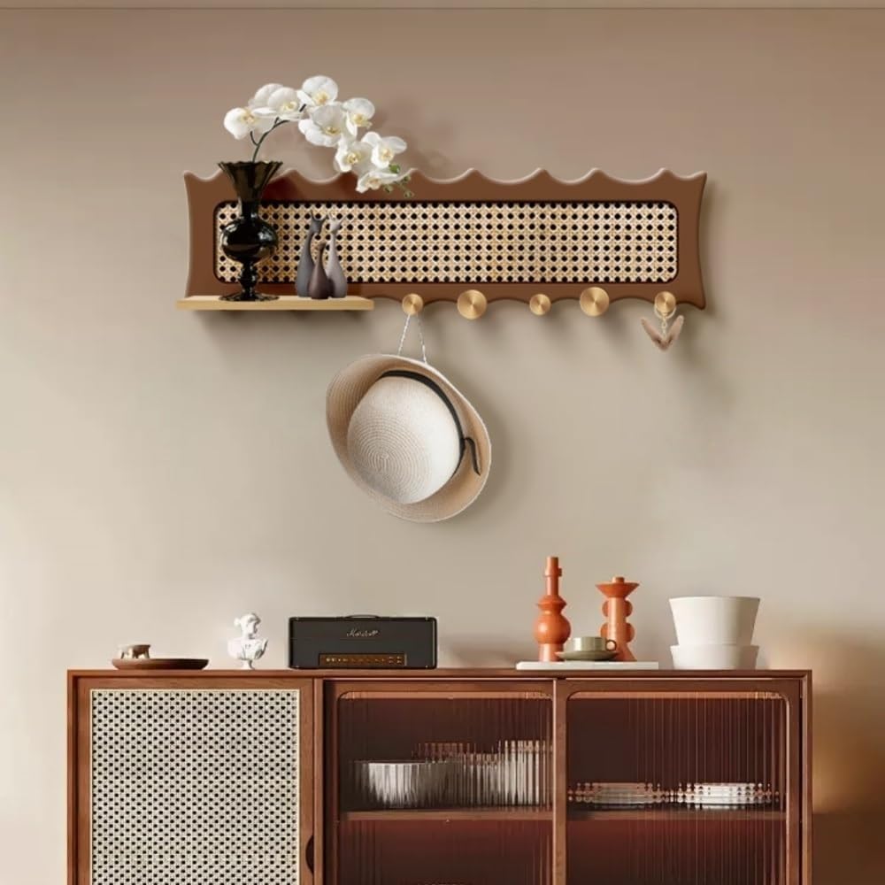 Mid-Century Wall-Mounted Coat Rack with Shelf Rattan-Inspired Entryway Organizer with 6 Hooks Wooden Hanging Rack