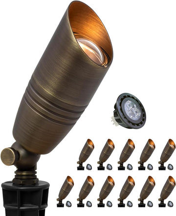 Brass Landscape Spotlights 12-Pack with Bulb Kit(S02), Low Voltage 12V AC/DC LED Outdoor Spot Uplights and Tree,PVC